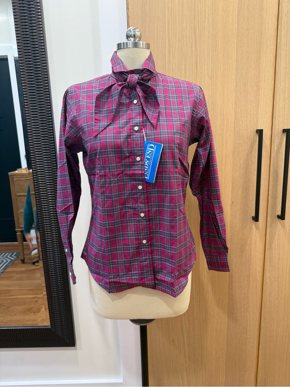 Vintage  NWT Women's Lands End pink  Plaid Check Blouse Button Down Shirt Sz 6